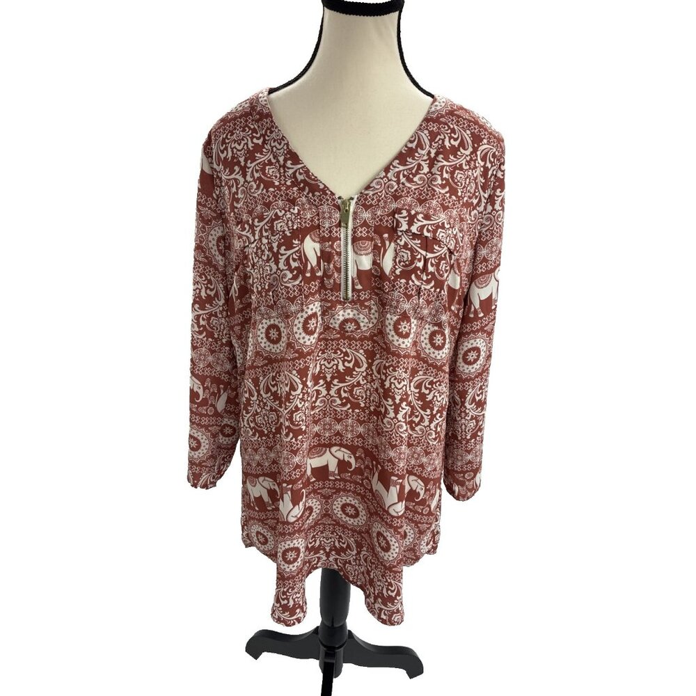 Rue21 Womens L Red White Boho Elephant Print Blouse Tunic Top Zip Front
